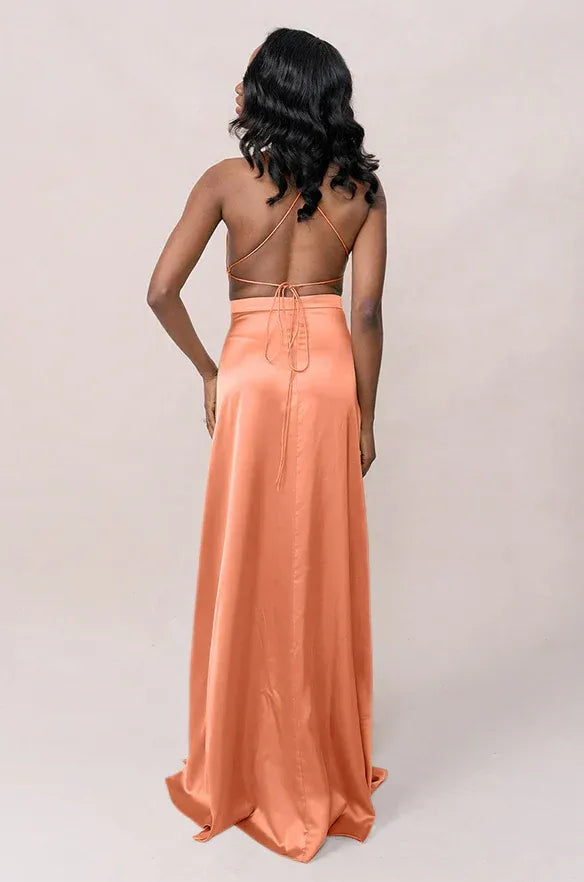 Peach Halter Cutout Open Back High Slit Satin Bridesmaid Dress