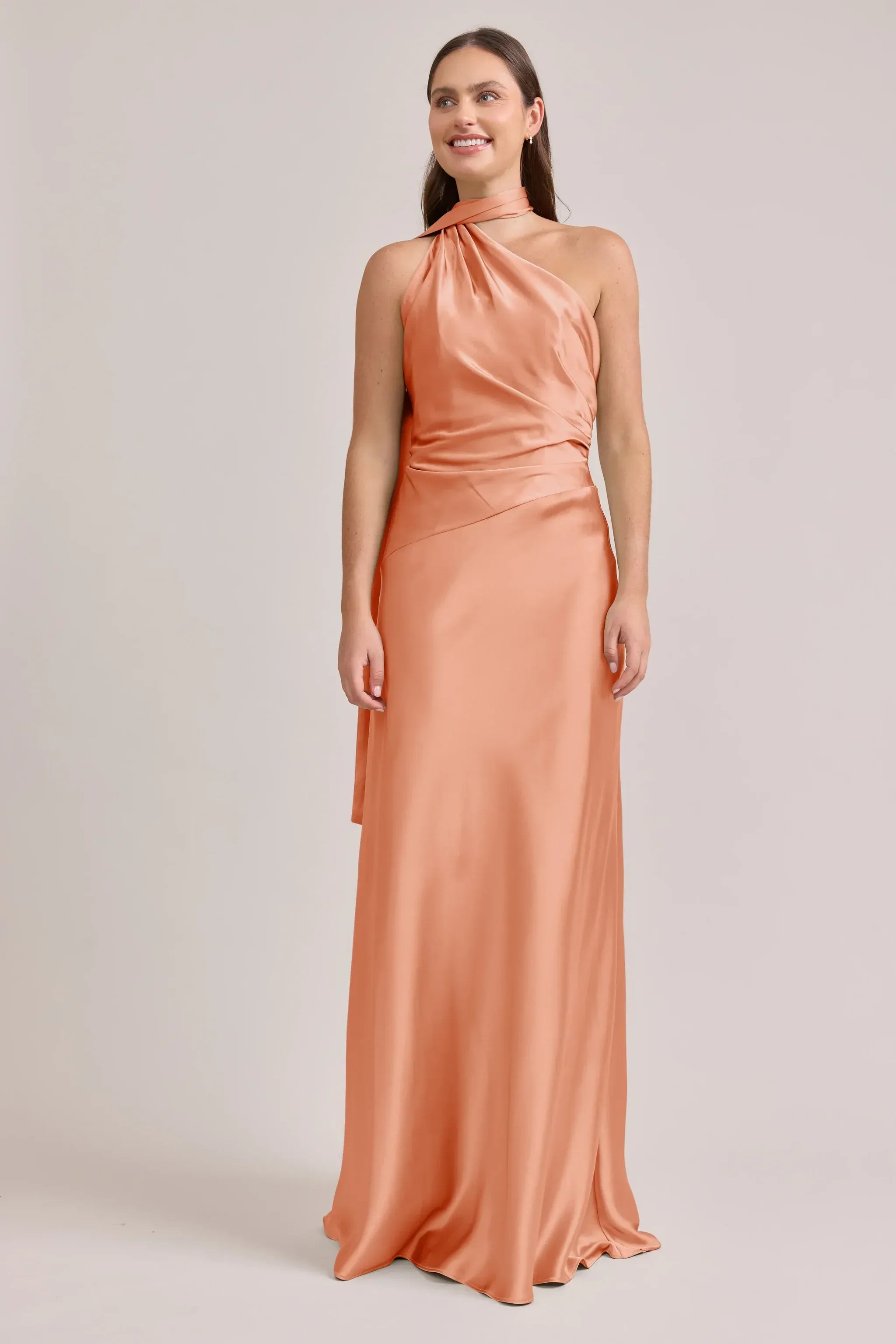 Peach Halter Neck Open Back Satin Bridesmaid Dress
