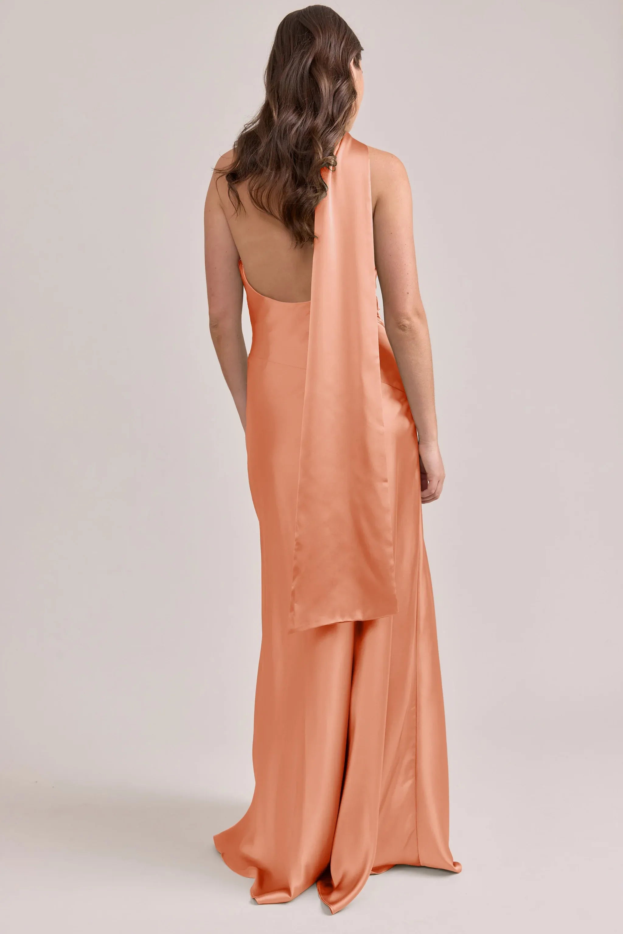 Peach Halter Neck Open Back Satin Bridesmaid Dress
