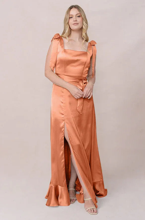 Peach Square Neck Bow Tie Strap High Slit Ruffle Hem Satin Bridesmaid Dress