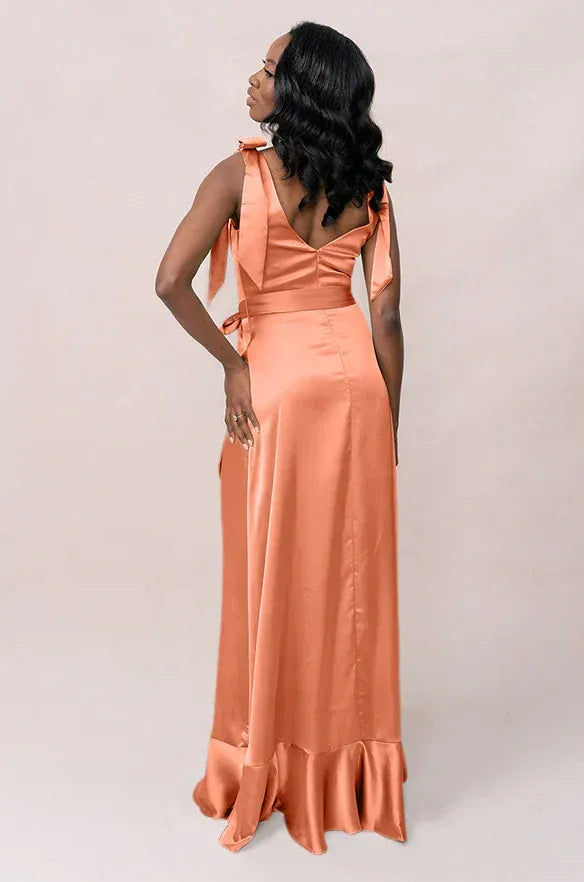 Peach Square Neck Bow Tie Strap High Slit Ruffle Hem Satin Bridesmaid Dress