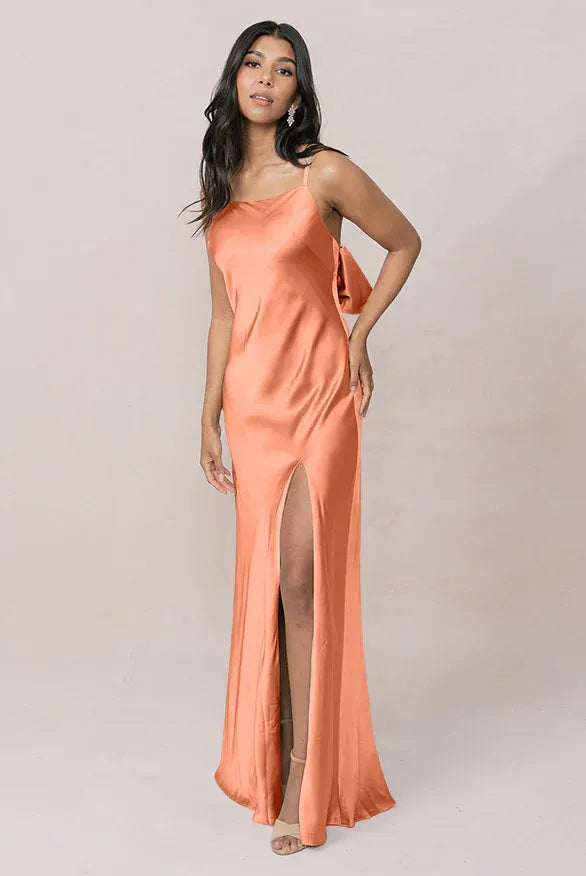 Peach Square Neck Spaghetti Strap Bow Back High Slit Satin Bridesmaid Dress