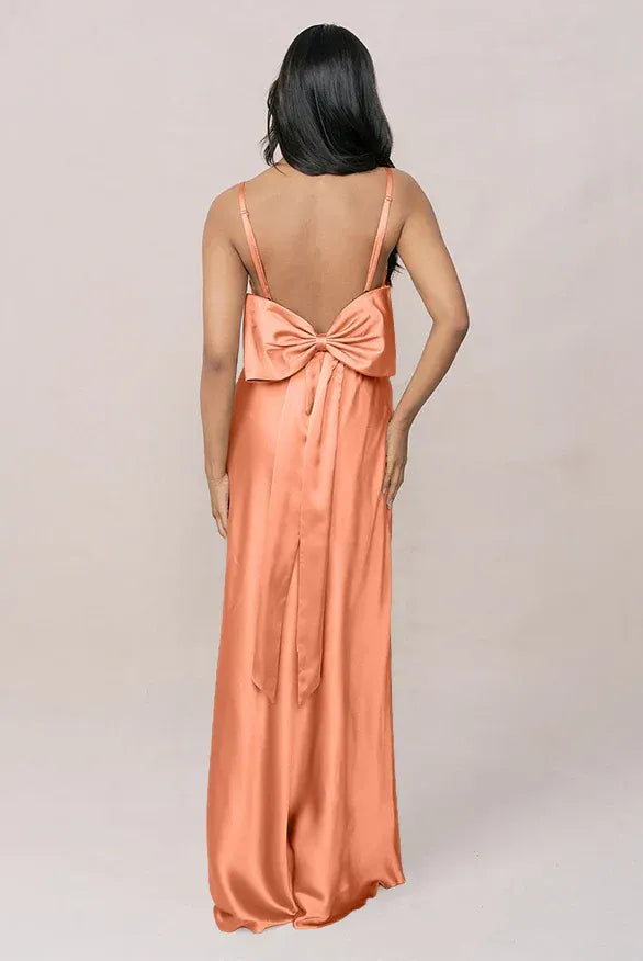 Peach Square Neck Spaghetti Strap Bow Back High Slit Satin Bridesmaid Dress