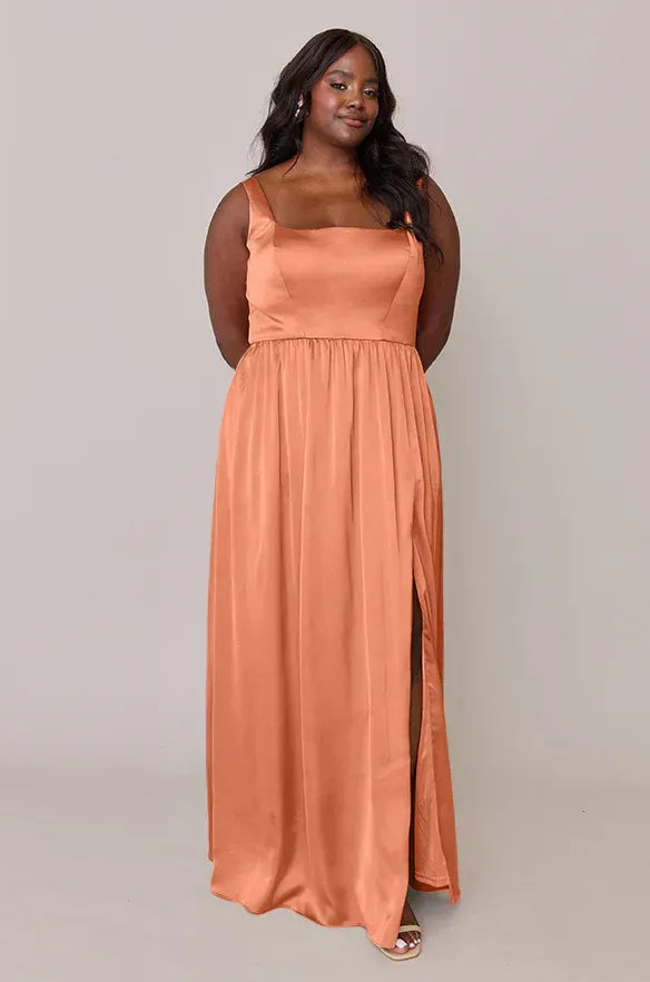 Peach Square Neck Spaghetti Strap High Slit Satin Bridesmaid Dress