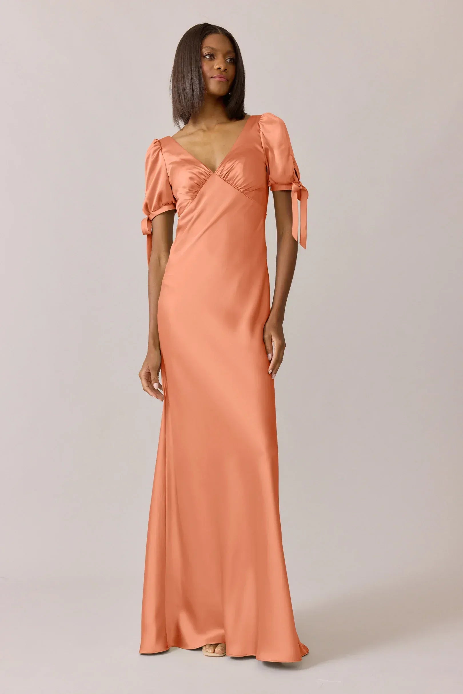 Peach V-Neck Puff Sleeve Bow Tie Satin Bridesmaid Dress