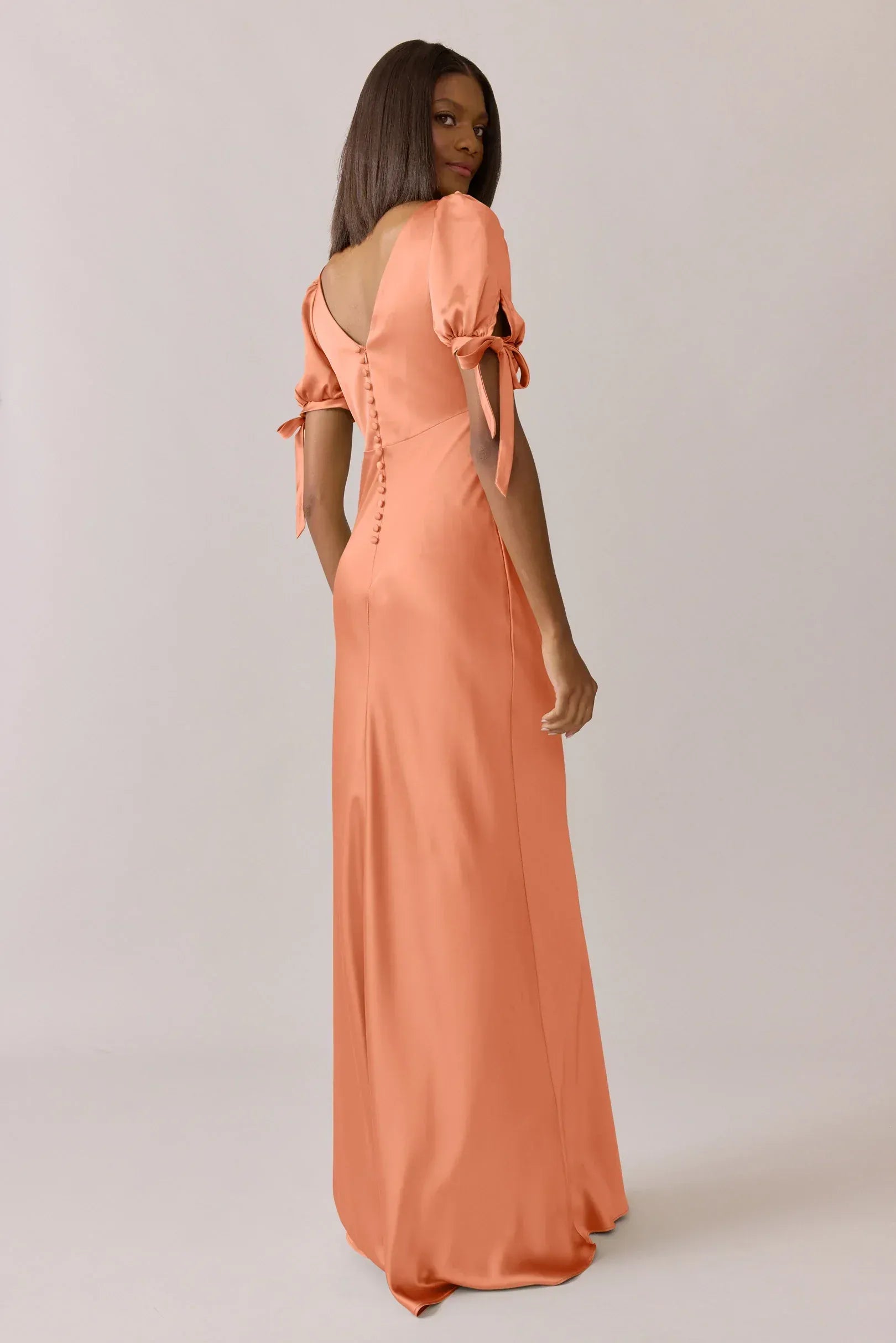 Peach V-Neck Puff Sleeve Bow Tie Satin Bridesmaid Dress