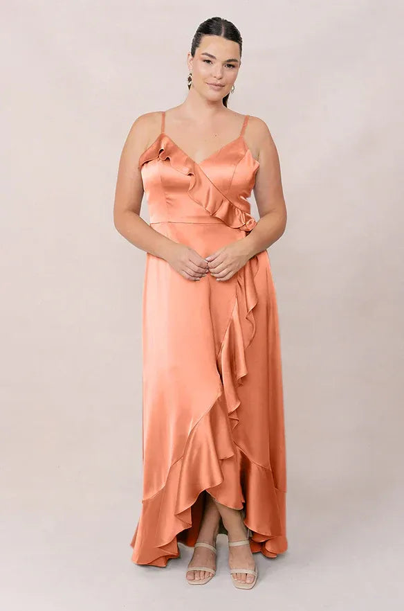 Peach V-Neck Spaghetti Strap Ruffled Asymmetrical Satin Bridesmaid Dress