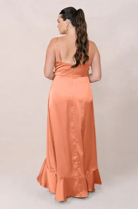 Peach V-Neck Spaghetti Strap Ruffled Asymmetrical Satin Bridesmaid Dress