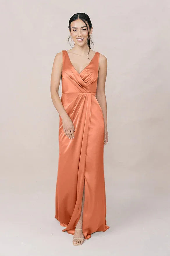 Peach V-Neck Wrap Front High Slit Satin Bridesmaid Dress