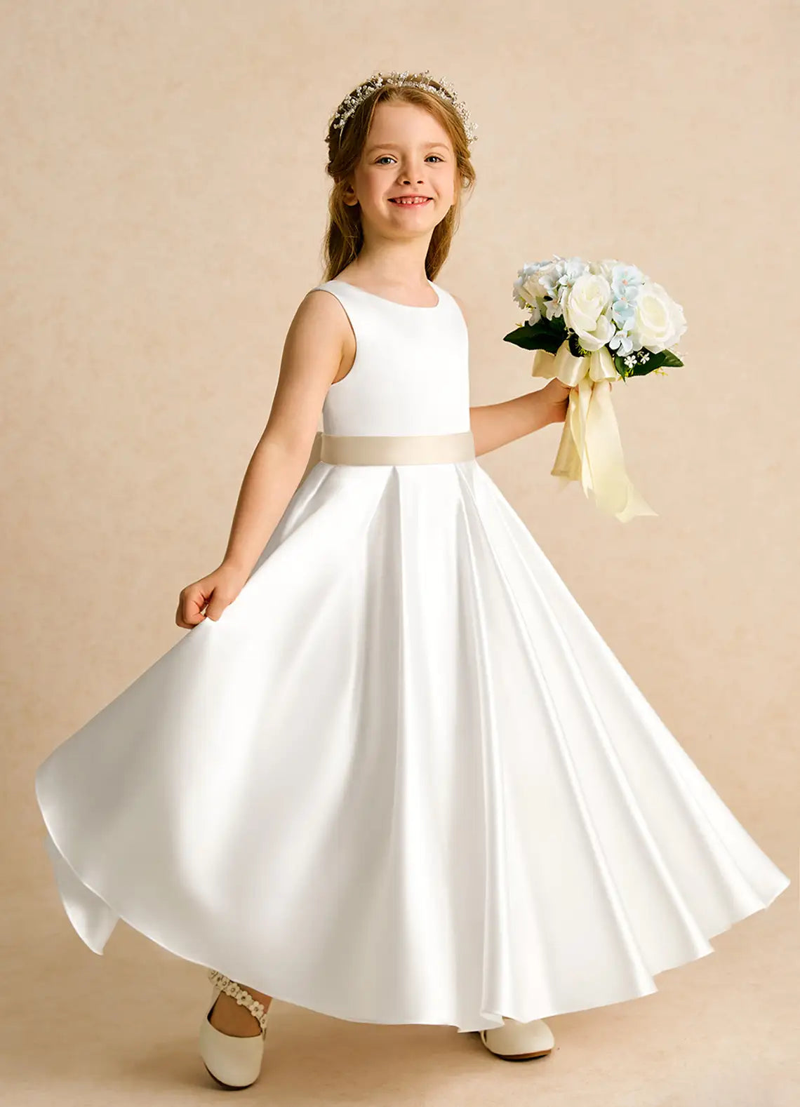 Pearl A-Line Round Neck Sleeveless V-Back Floor-Length Formal Flower Girl Dress