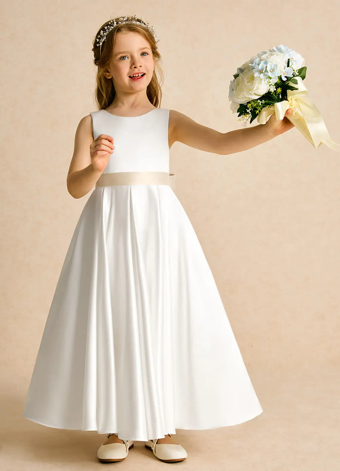 Pearl A-Line Round Neck Sleeveless V-Back Floor-Length Formal Flower Girl Dress