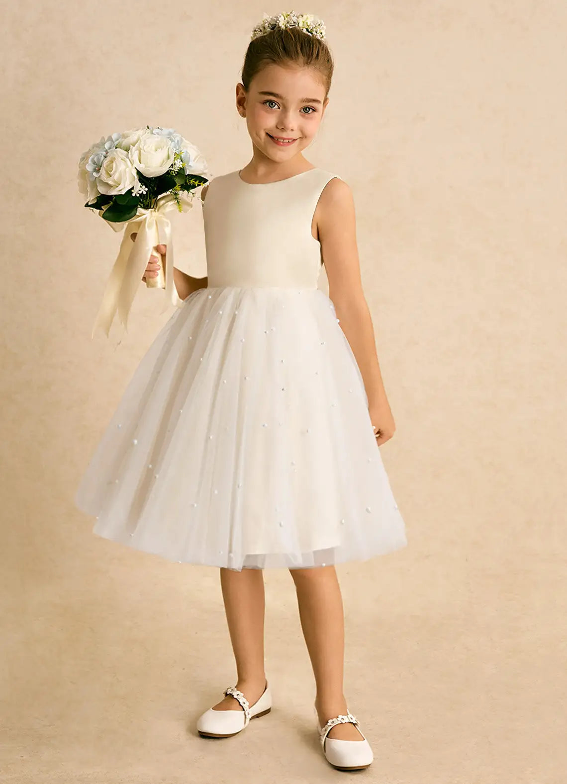 Pearl A-Line Round Neck Sleeveless V-Back Knee-Length Formal Flower Girl Dress