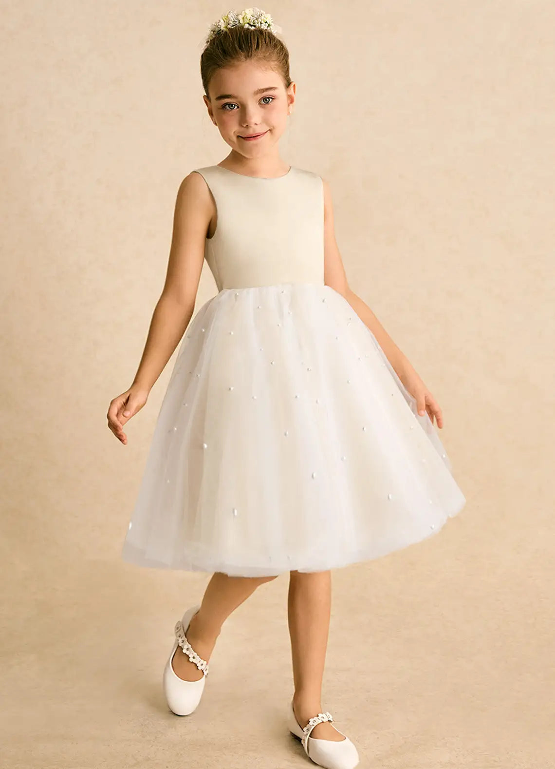 Pearl A-Line Round Neck Sleeveless V-Back Knee-Length Formal Flower Girl Dress