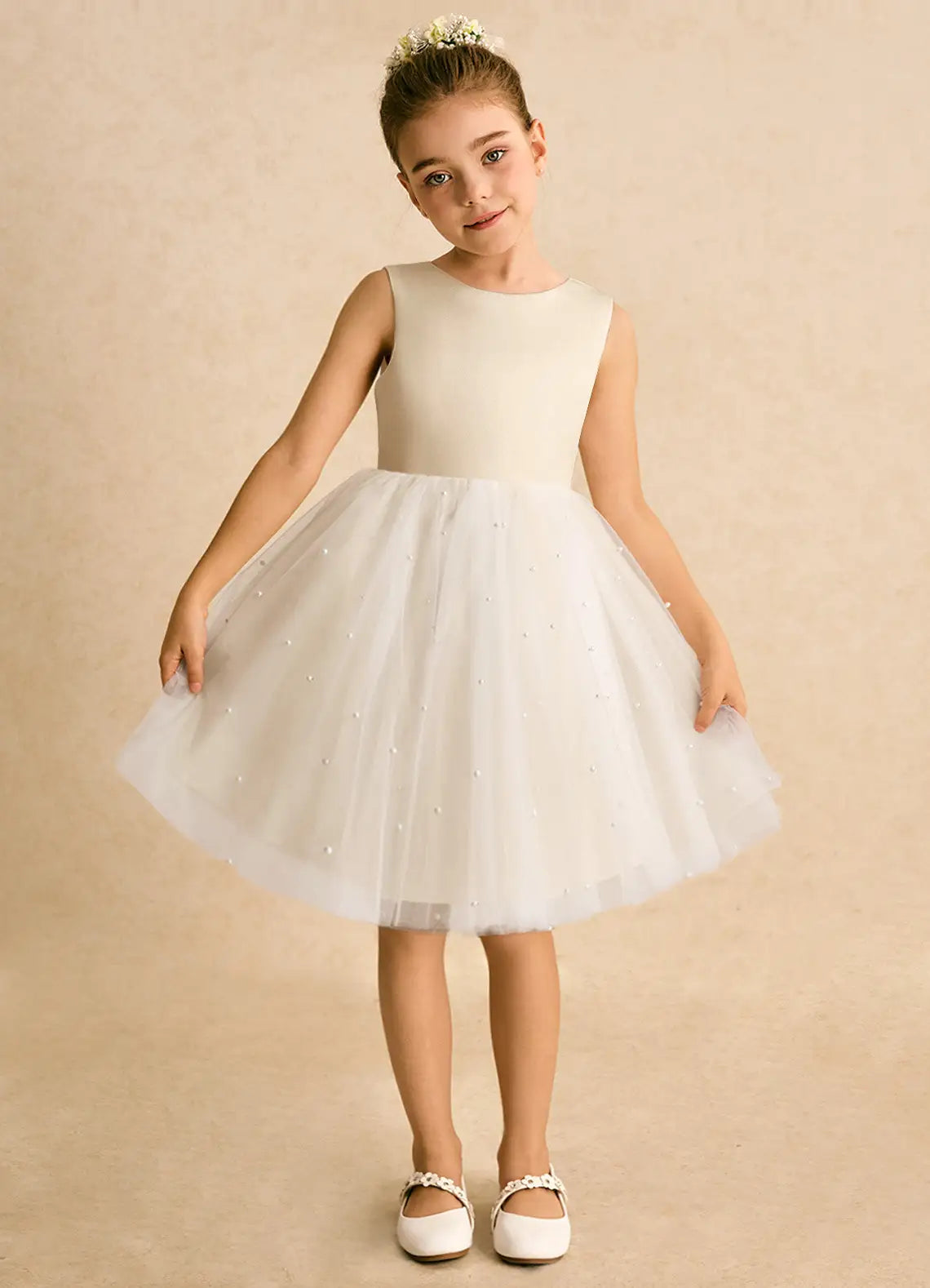 Pearl A-Line Round Neck Sleeveless V-Back Knee-Length Formal Flower Girl Dress