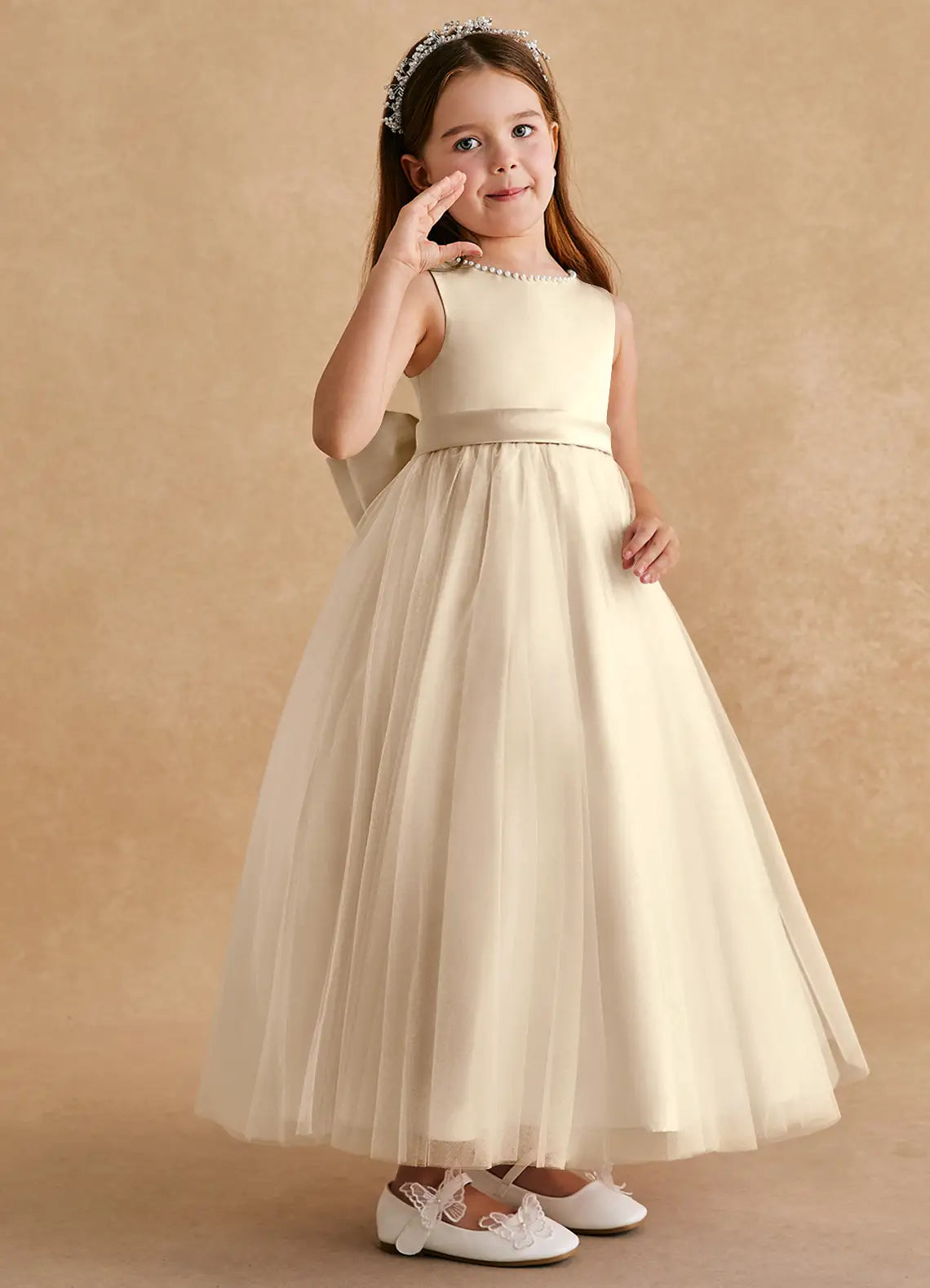 Pearl A-Line Scoop Neck Sleeveless V-Back Floor-Length Formal Flower Girl Dress