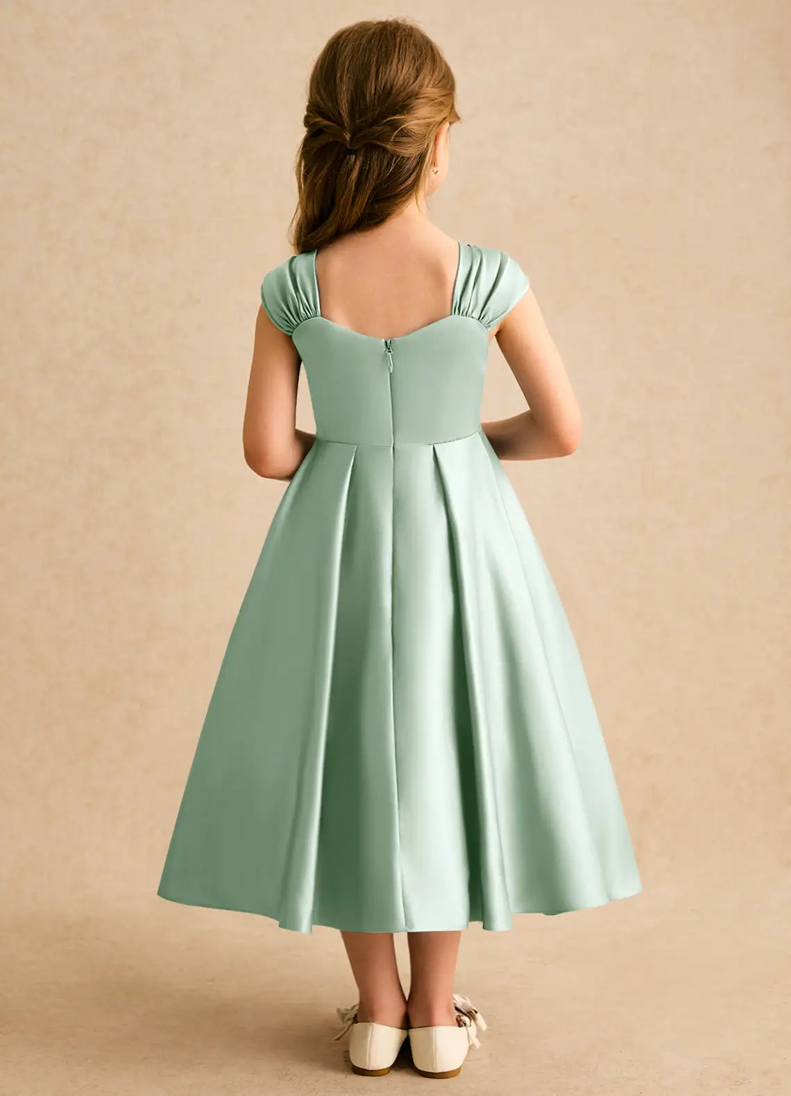 Pearl A-Line Sweetheart Neck Cap Sleeves V-Back Midi-Length Formal Flower Girl Dress