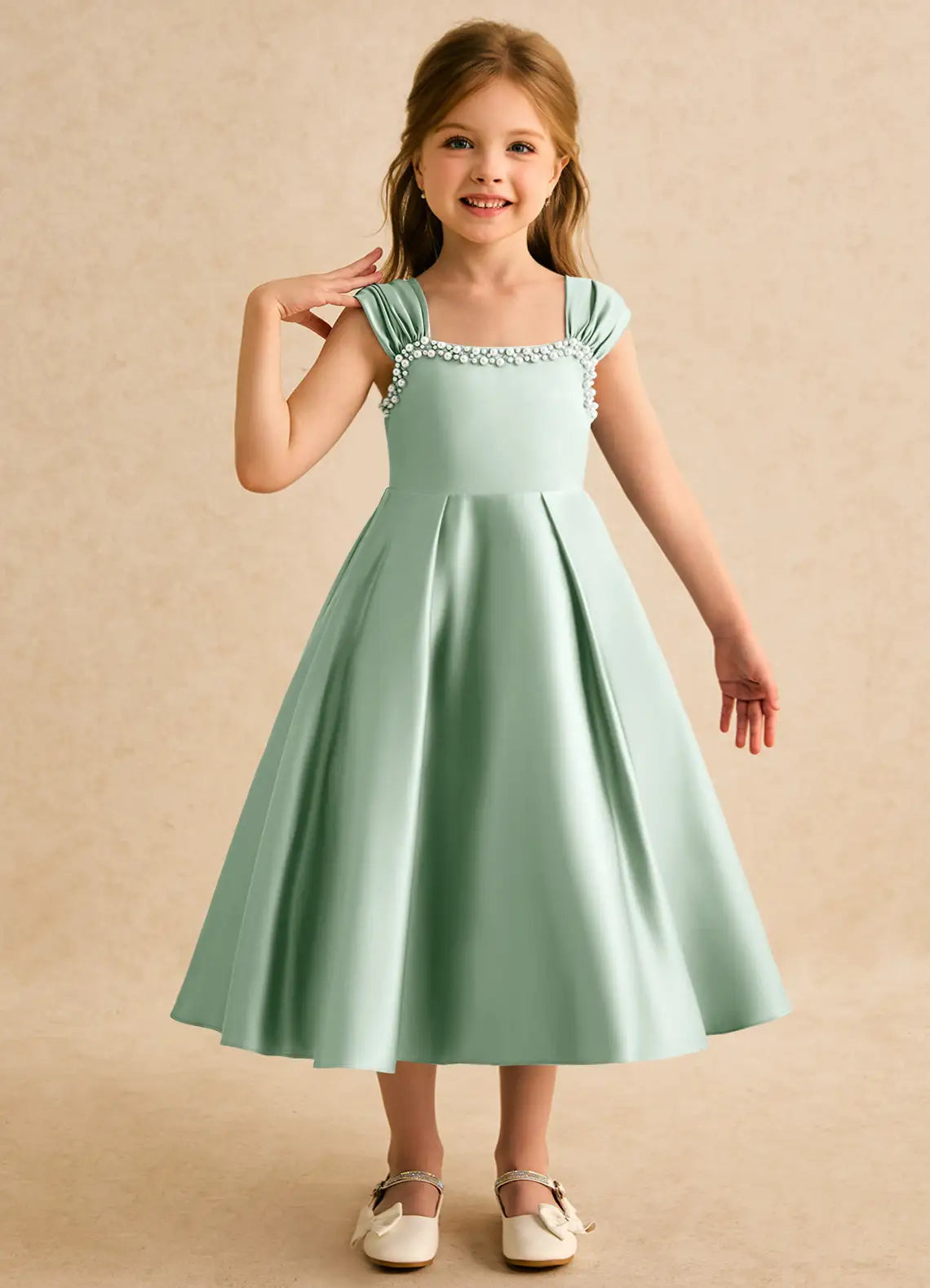 Pearl A-Line Sweetheart Neck Cap Sleeves V-Back Midi-Length Formal Flower Girl Dress