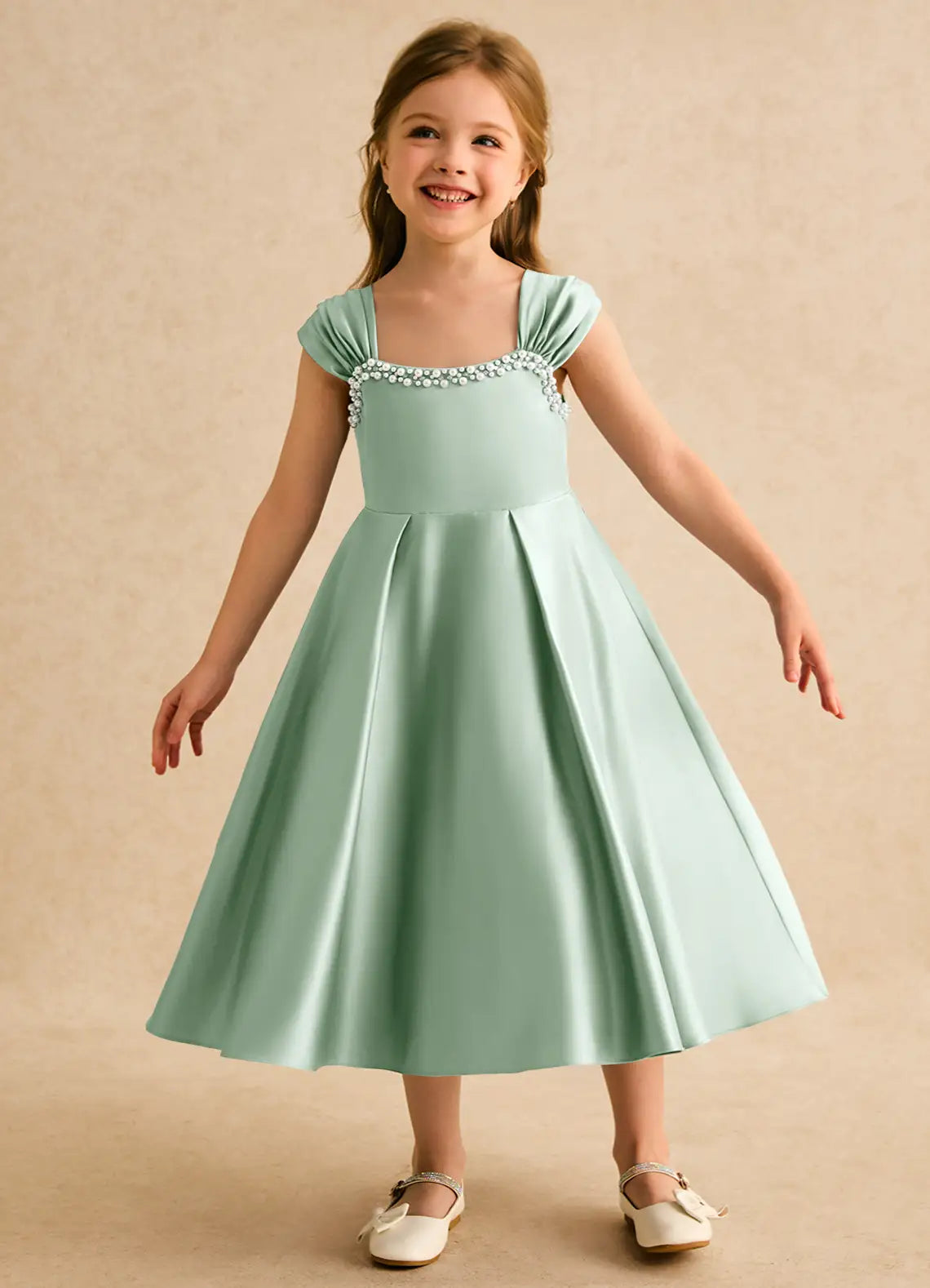 Pearl A-Line Sweetheart Neck Cap Sleeves V-Back Midi-Length Formal Flower Girl Dress
