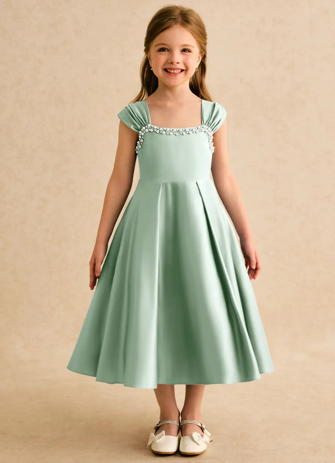 Pearl A-Line Sweetheart Neck Cap Sleeves V-Back Midi-Length Formal Flower Girl Dress