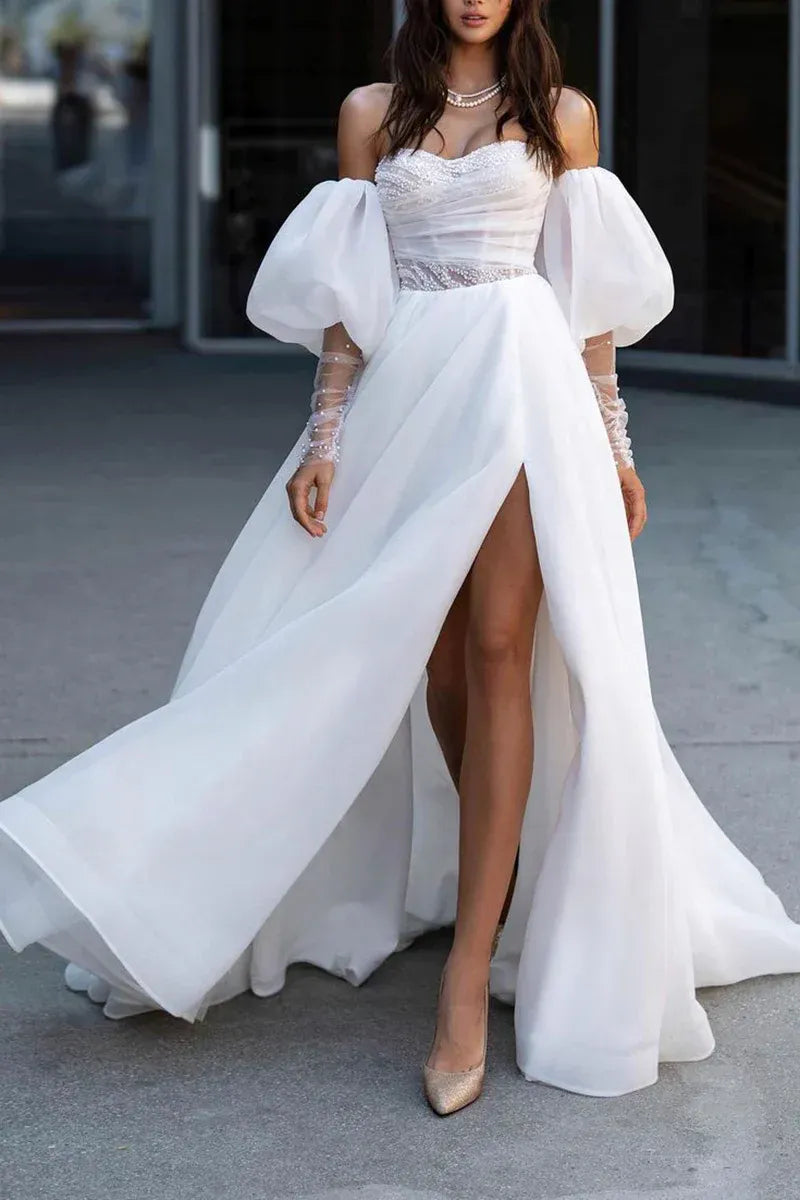 Pearl Beaded Off Shoulder Puff Sleeve High Slit Organza A-Line Wedding Dress