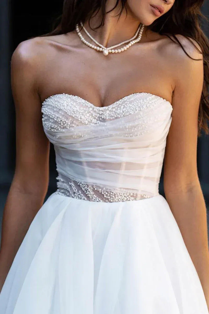 Pearl Beaded Off Shoulder Puff Sleeve High Slit Organza A-Line Wedding Dress
