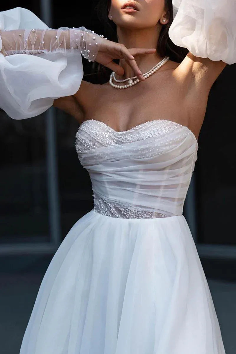 Pearl Beaded Off Shoulder Puff Sleeve High Slit Organza A-Line Wedding Dress