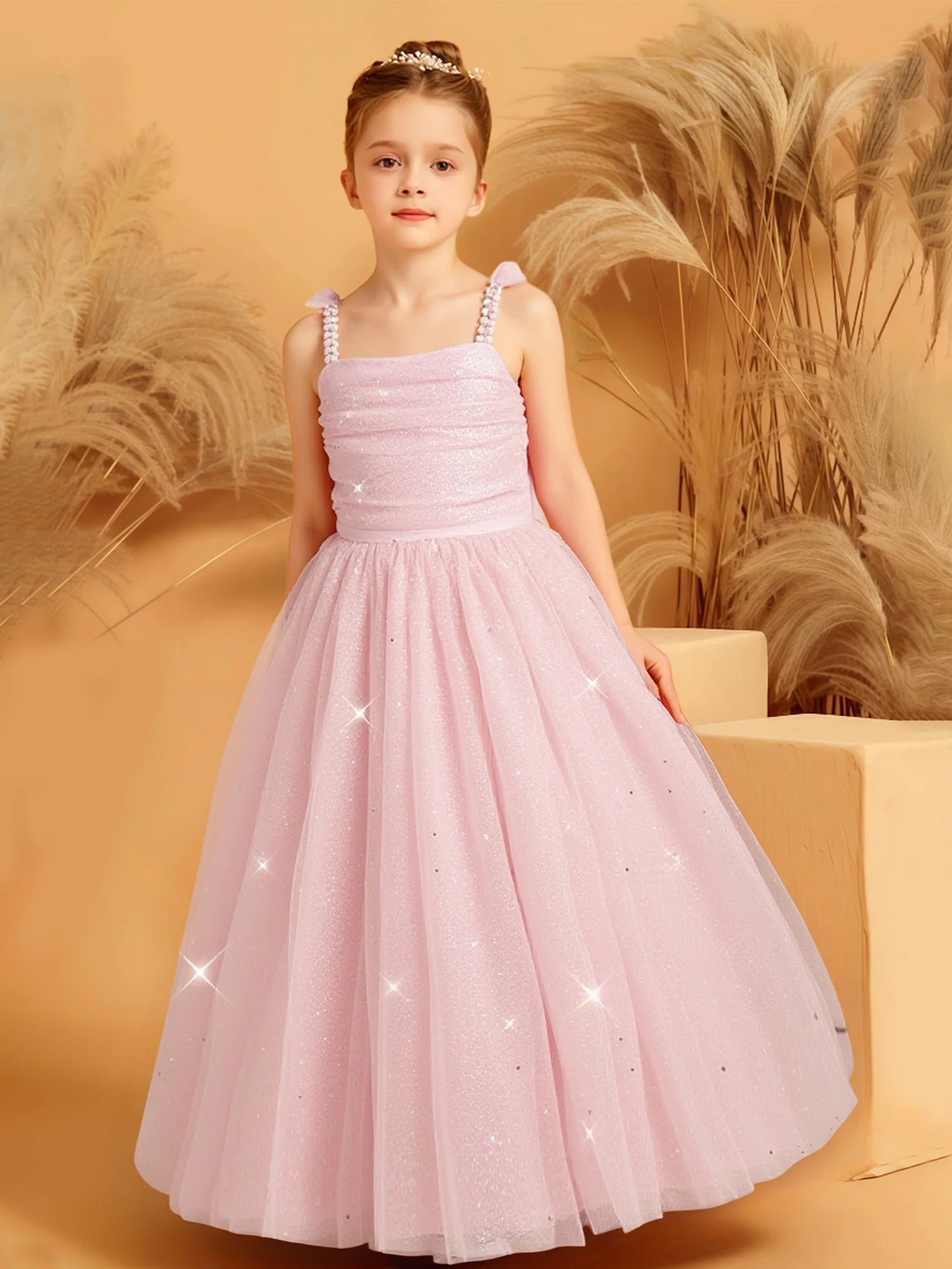Pearl Beaded Spaghetti Strap Solid Back Satin Waist Bow Star Glitter Pink Tulle Maxi Flower Girl Dresses
