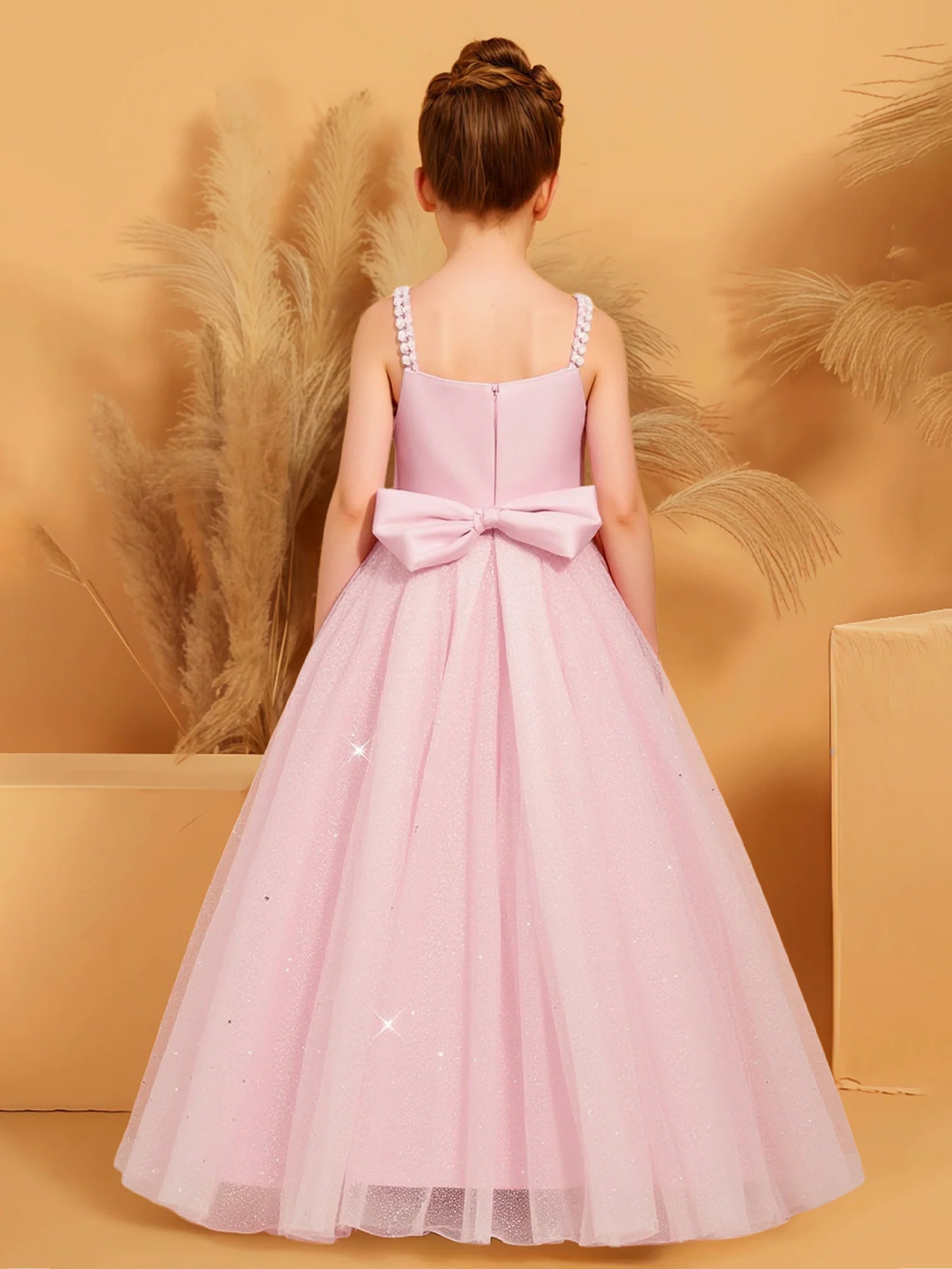 Pearl Beaded Spaghetti Strap Solid Back Satin Waist Bow Star Glitter Pink Tulle Maxi Flower Girl Dresses