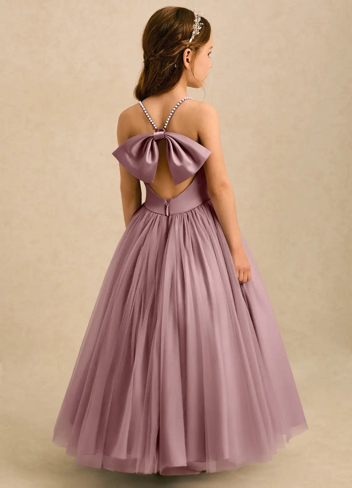Pearl Halter Crisscross Back Big Self-Tie Bow Dusty Lavender Tulle Full-Length Flower Girl Dresses