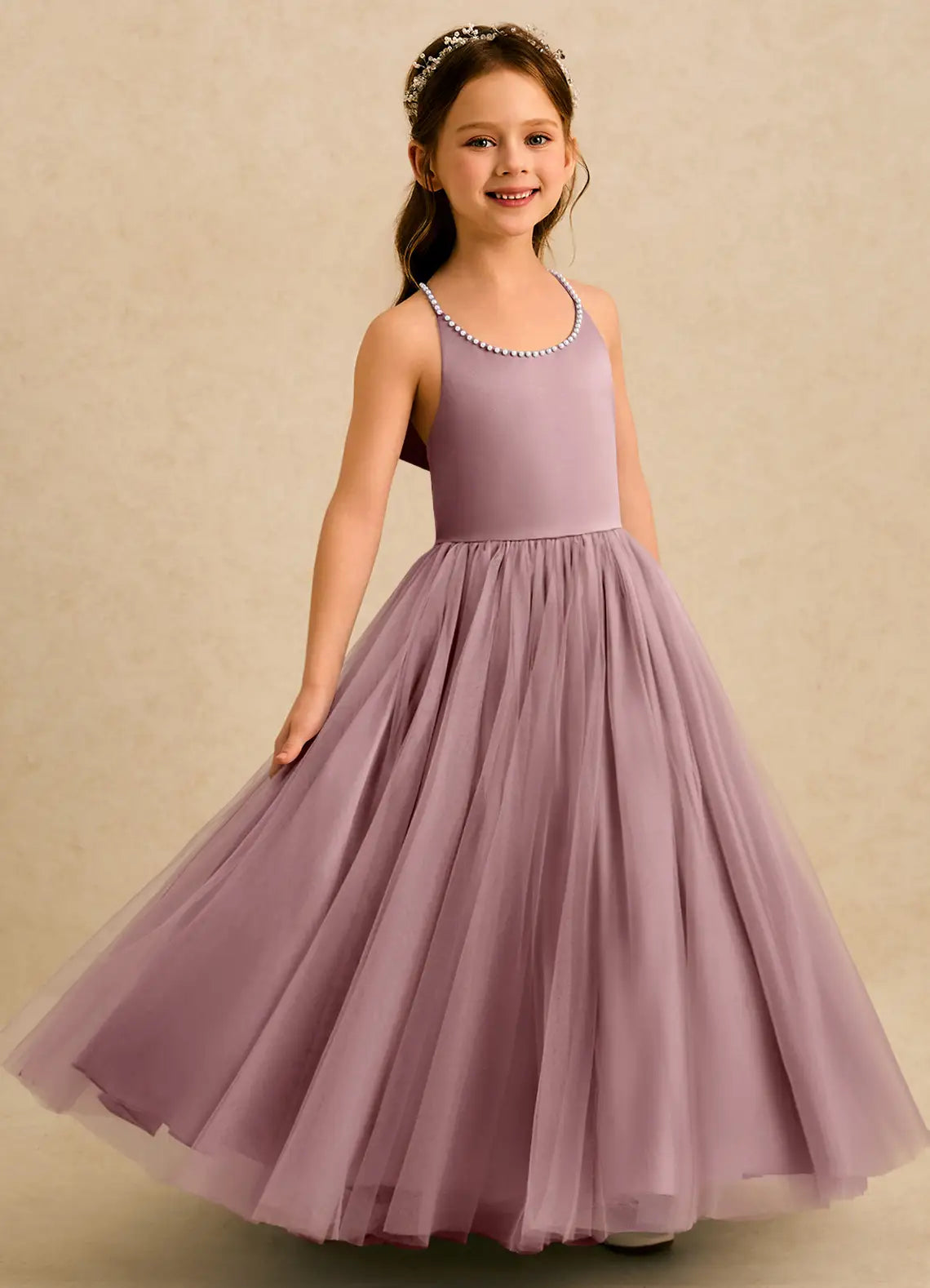 Pearl Halter Crisscross Back Big Self-Tie Bow Dusty Lavender Tulle Full-Length Flower Girl Dresses