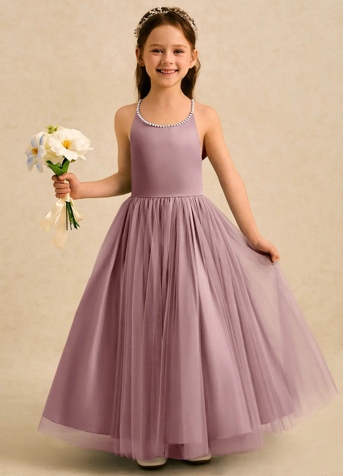Pearl Halter Crisscross Back Big Self-Tie Bow Dusty Lavender Tulle Full-Length Flower Girl Dresses