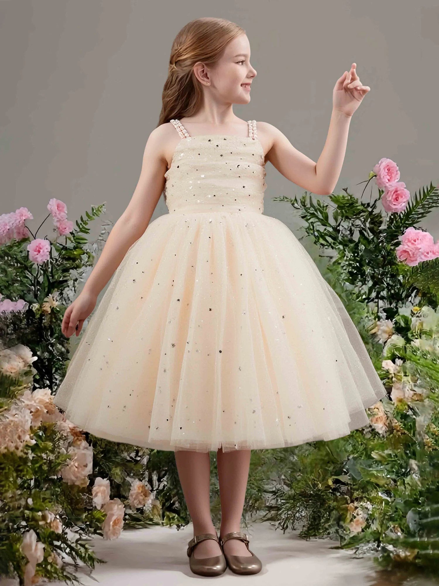 Pearl Spaghetti Strap Square Back Big Bow Champagne Glitter Star Tulle Short Flower Girl Dresses