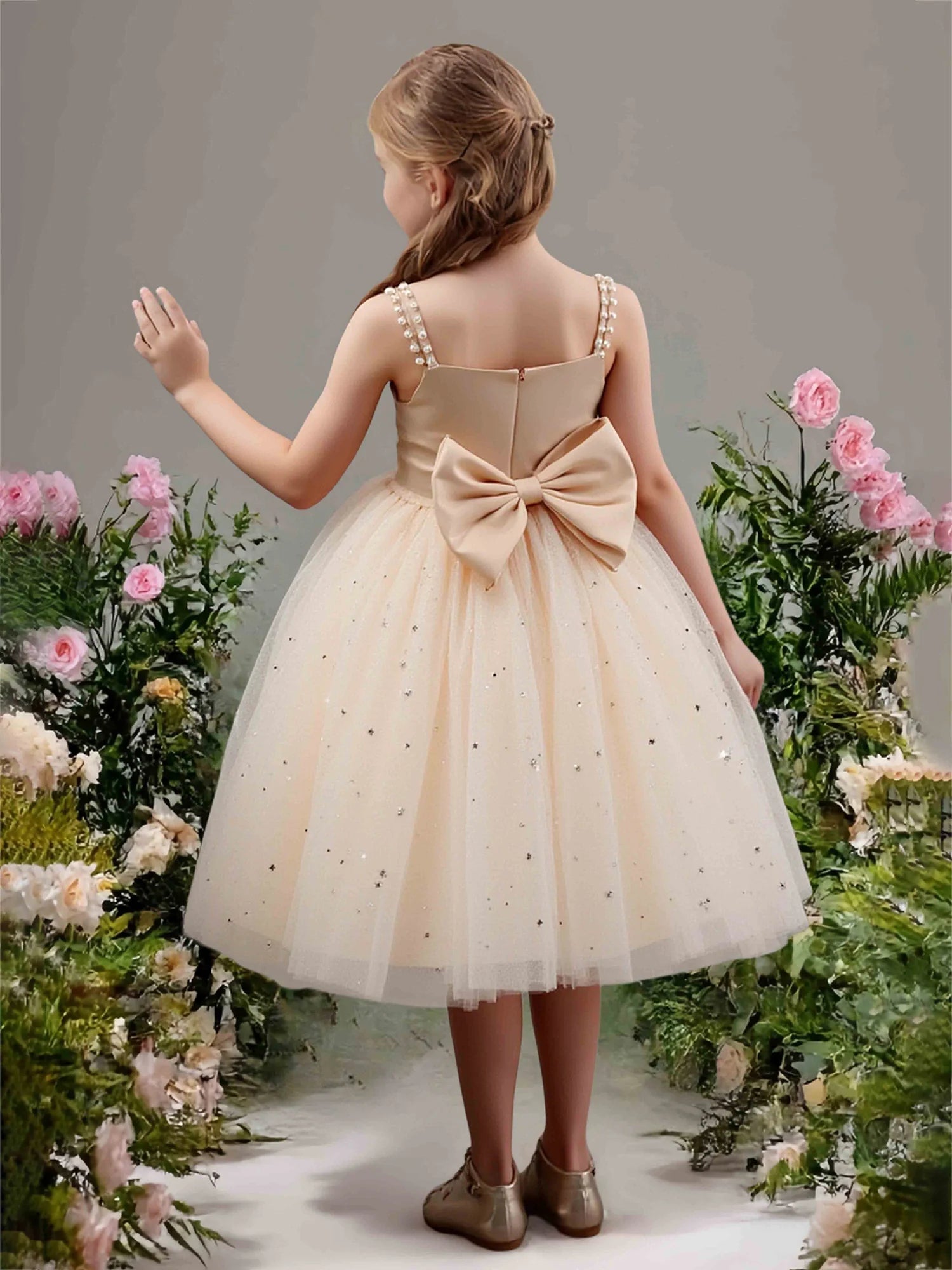 Pearl Spaghetti Strap Square Back Big Bow Champagne Glitter Star Tulle Short Flower Girl Dresses