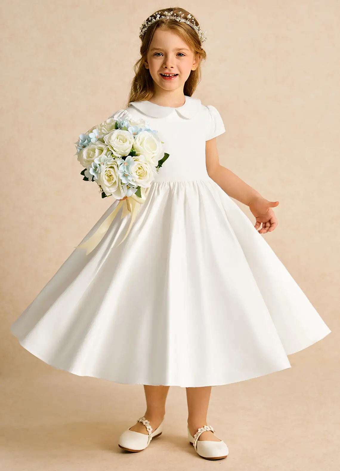 Peter Pan Collar Puff Short Sleeve Back Big Bow White Satin Midi Flower Girl Dresses