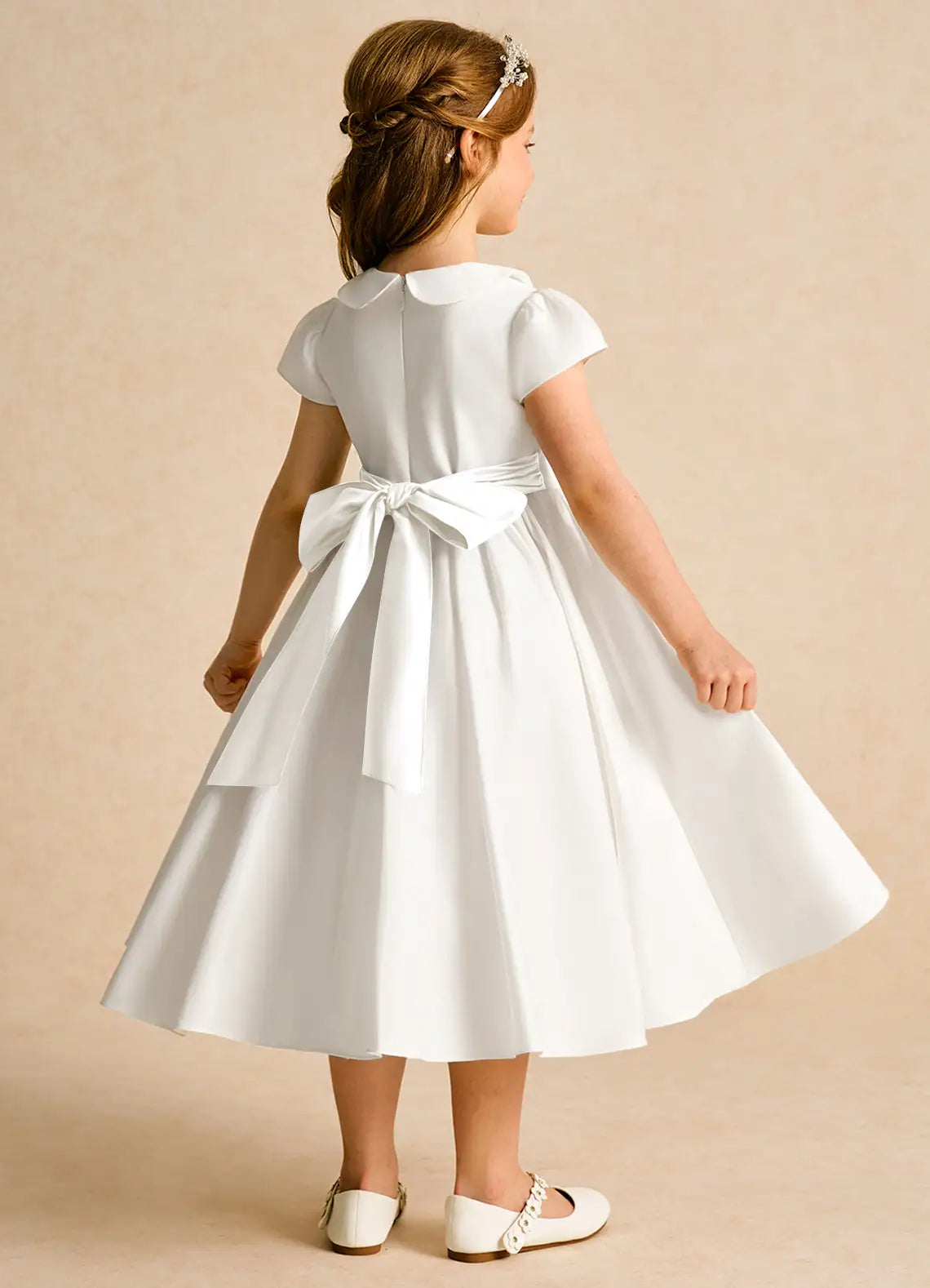 Peter Pan Collar Puff Short Sleeve Back Big Bow White Satin Midi Flower Girl Dresses