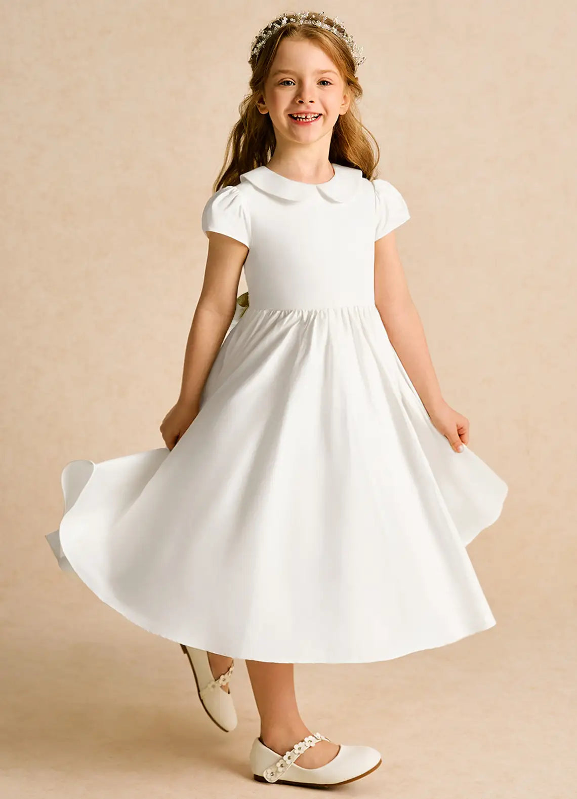 Peter Pan Collar Puff Short Sleeve Back Big Bow White Satin Midi Flower Girl Dresses