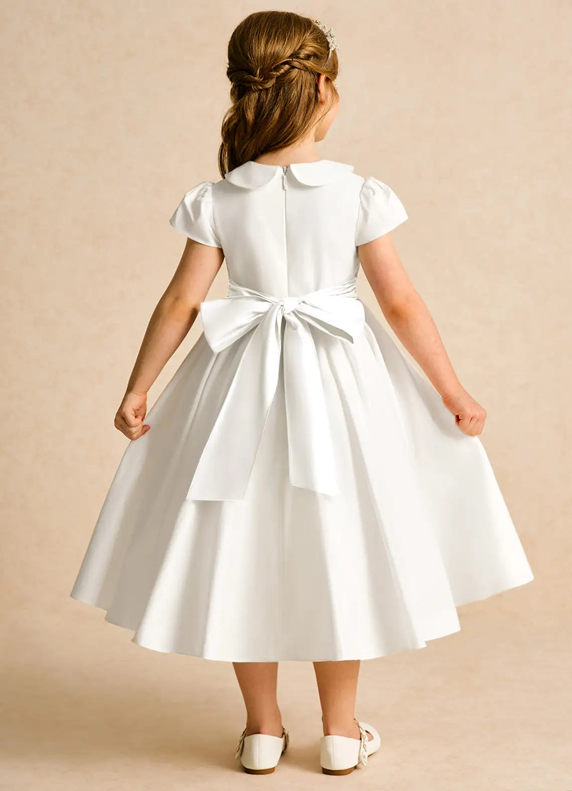 Peter Pan Collar Puff Short Sleeve Back Big Bow White Satin Midi Flower Girl Dresses