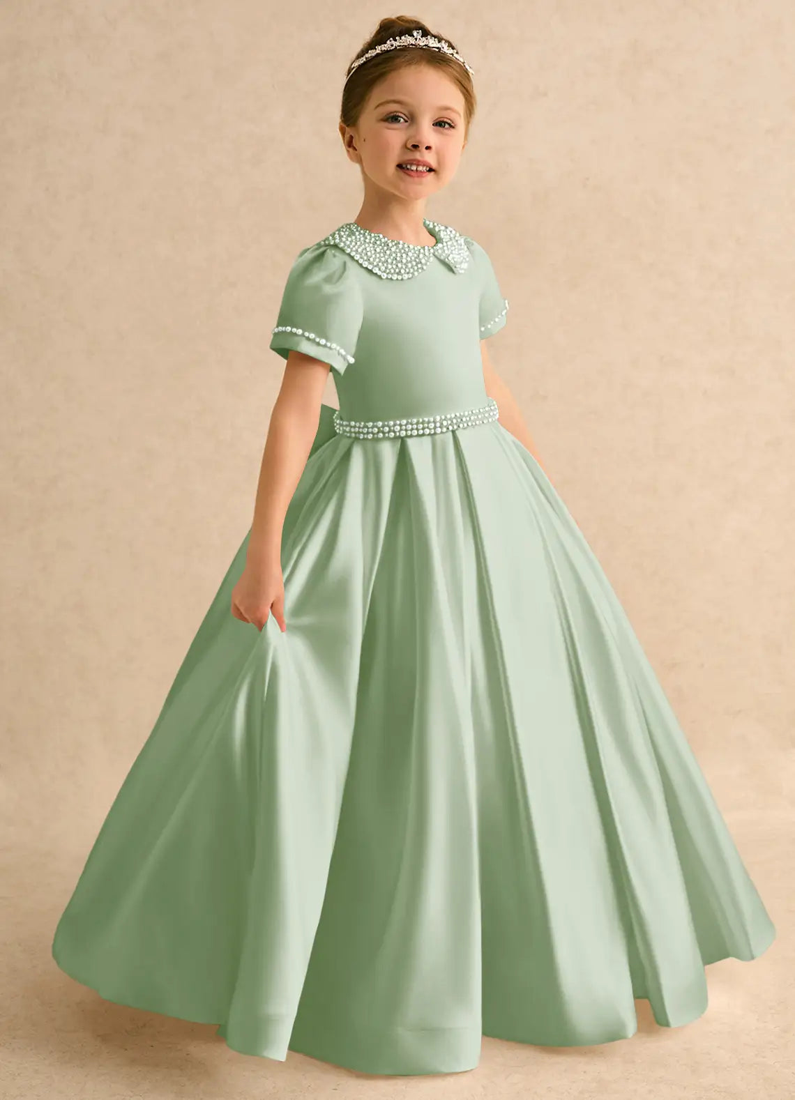 Peter Pan Collar Short Sleeve Sage Green Satin Full Length Flower Girl Dresses with Pearl Embellishment & Side Pockets