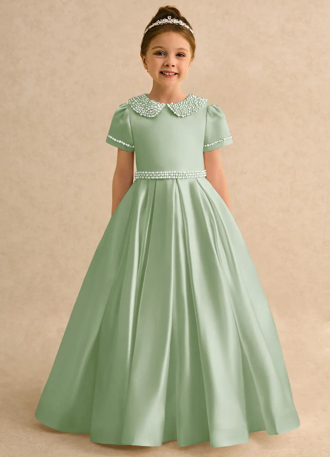 Peter Pan Collar Short Sleeve Sage Green Satin Full Length Flower Girl Dresses with Pearl Embellishment & Side Pockets