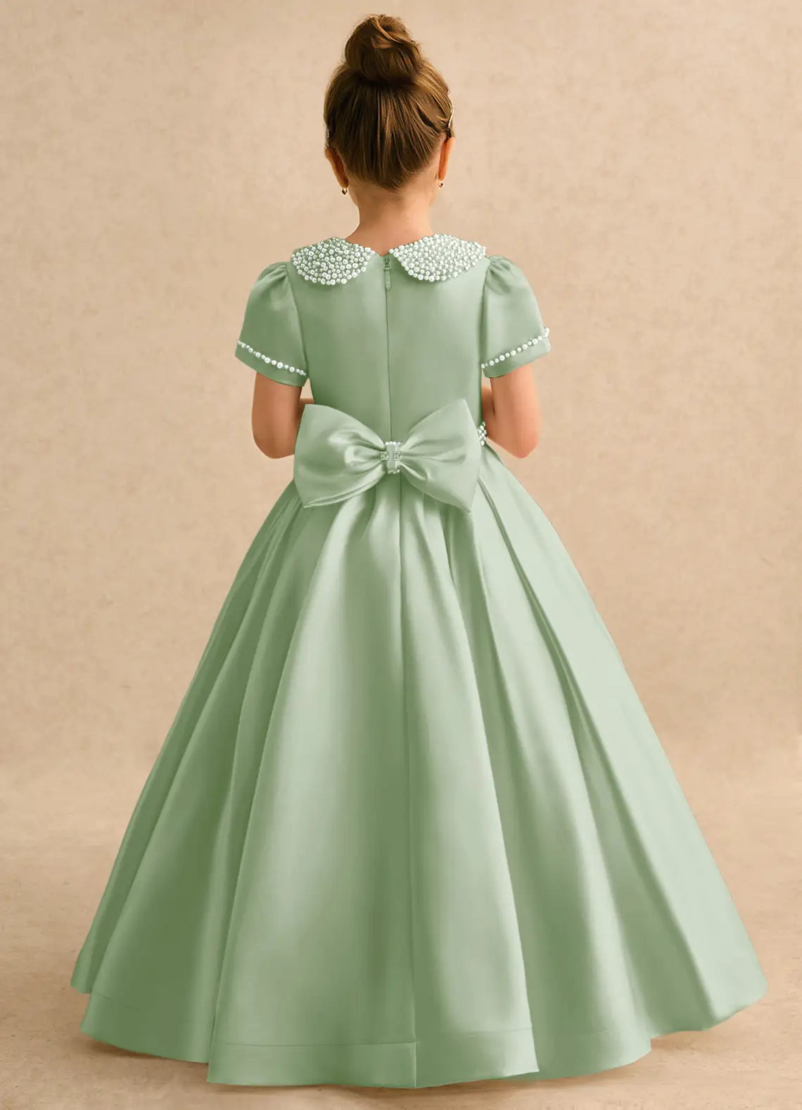 Peter Pan Collar Short Sleeve Sage Green Satin Full Length Flower Girl Dresses with Pearl Embellishment & Side Pockets
