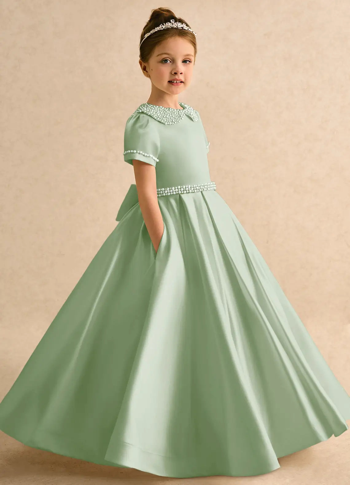 Peter Pan Collar Short Sleeve Sage Green Satin Full Length Flower Girl Dresses with Pearl Embellishment & Side Pockets