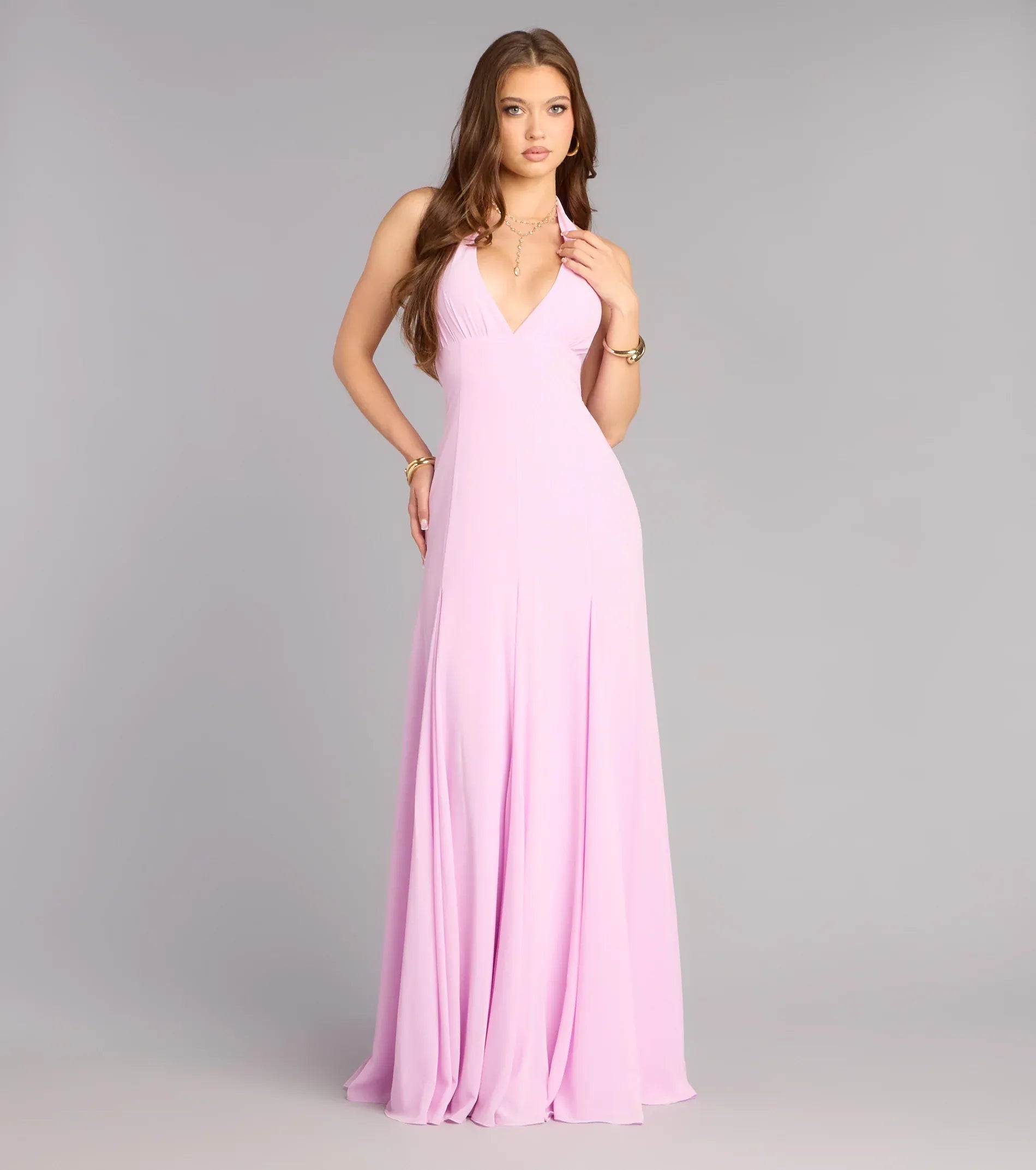 Pink Halter Deep V Tie Back Flared Godet Maxi Wedding Guest Dress
