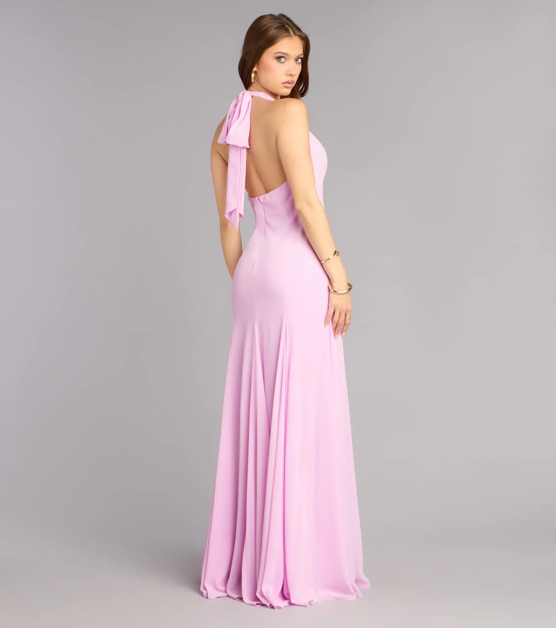 Pink Halter Deep V Tie Back Flared Godet Maxi Wedding Guest Dress