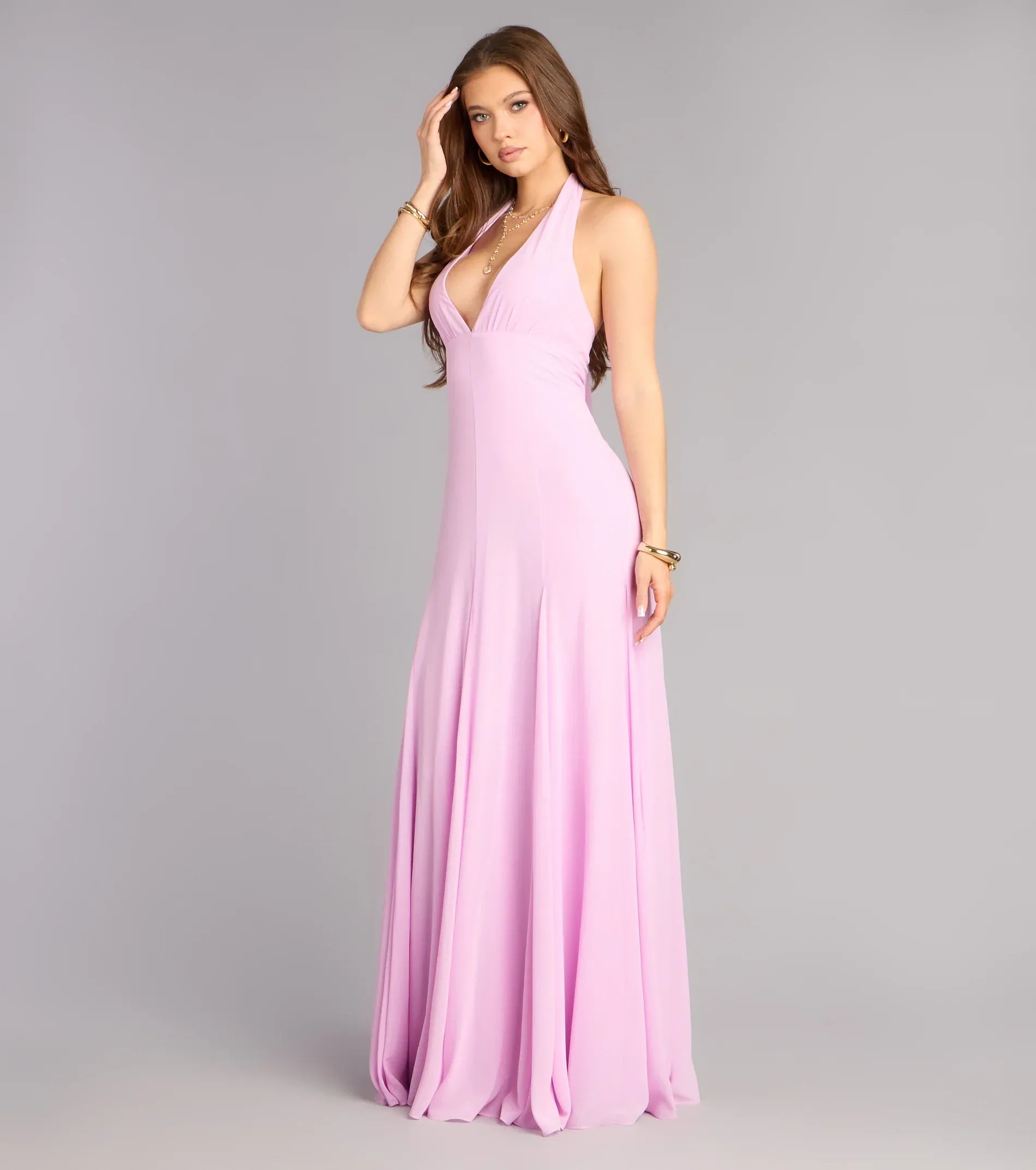 Pink Halter Deep V Tie Back Flared Godet Maxi Wedding Guest Dress