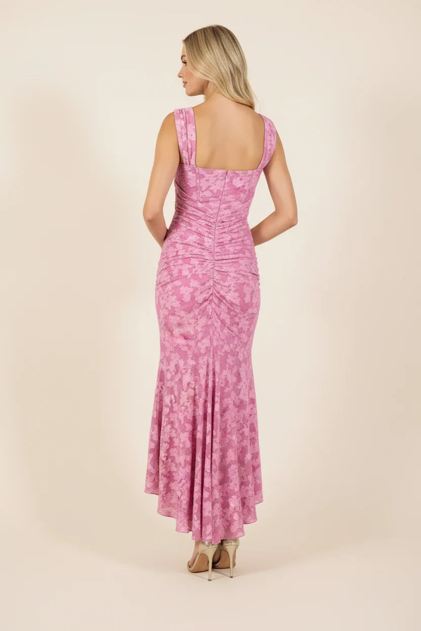 Pink Midi Square-Neck Floral-Print High-Low Mermaid Wedding Guest Dress