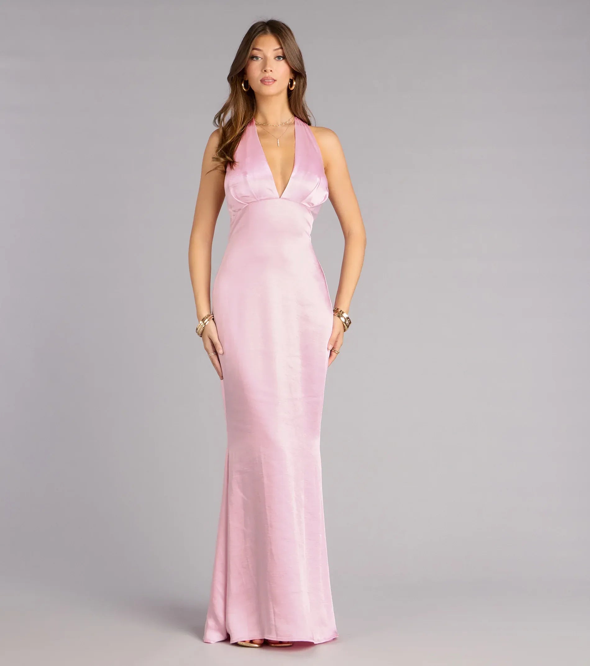 Pink Satin Halter Deep V Back Bow Mermaid Wedding Guest Maxi Dresses