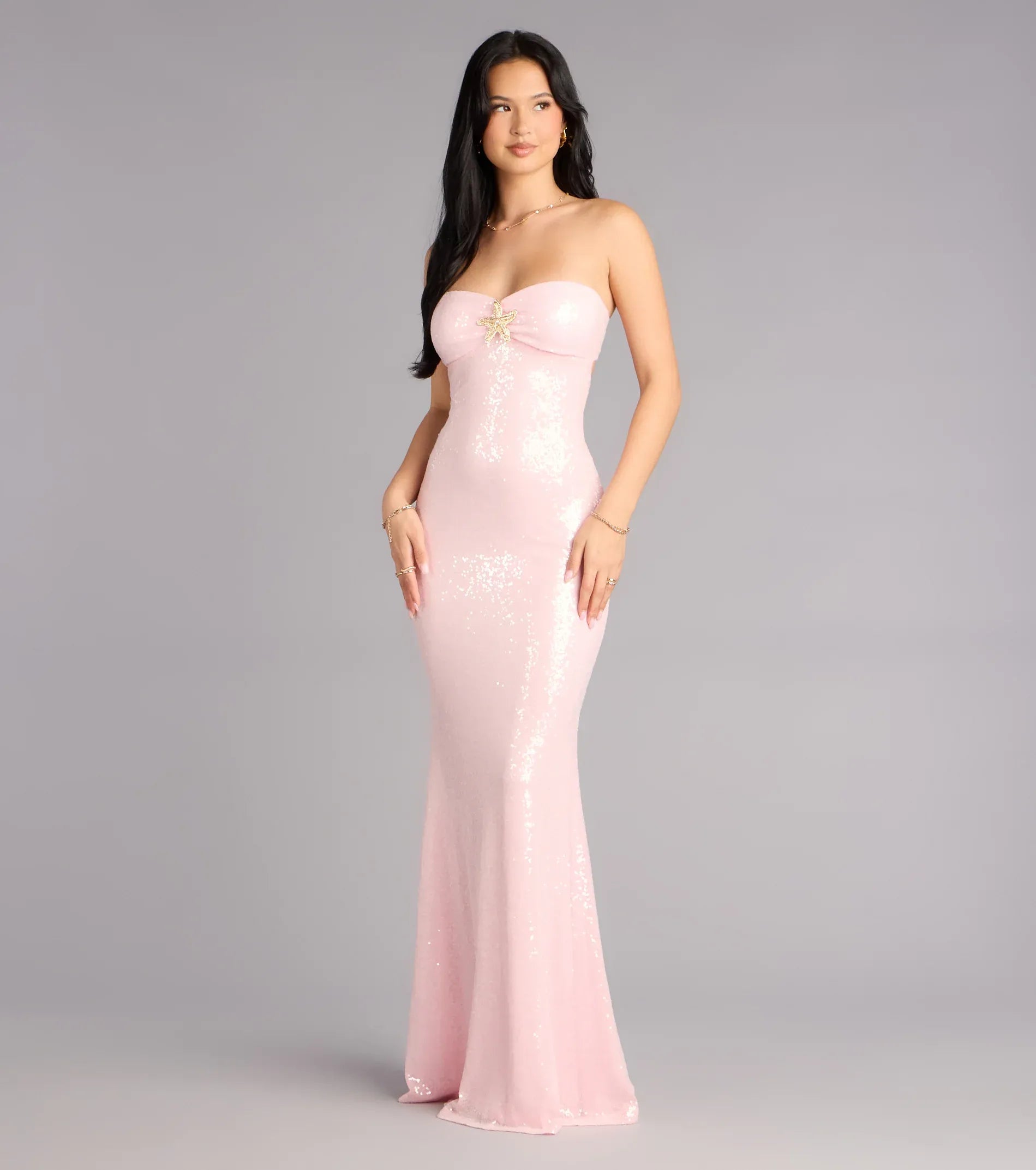 Pink Strapless Starfish Brooch Sequin Mermaid Maxi Wedding Guest Dress