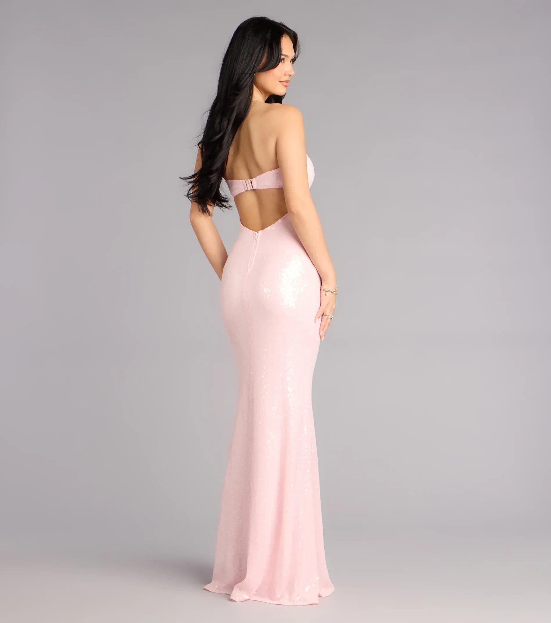 Pink Strapless Starfish Brooch Sequin Mermaid Maxi Wedding Guest Dress