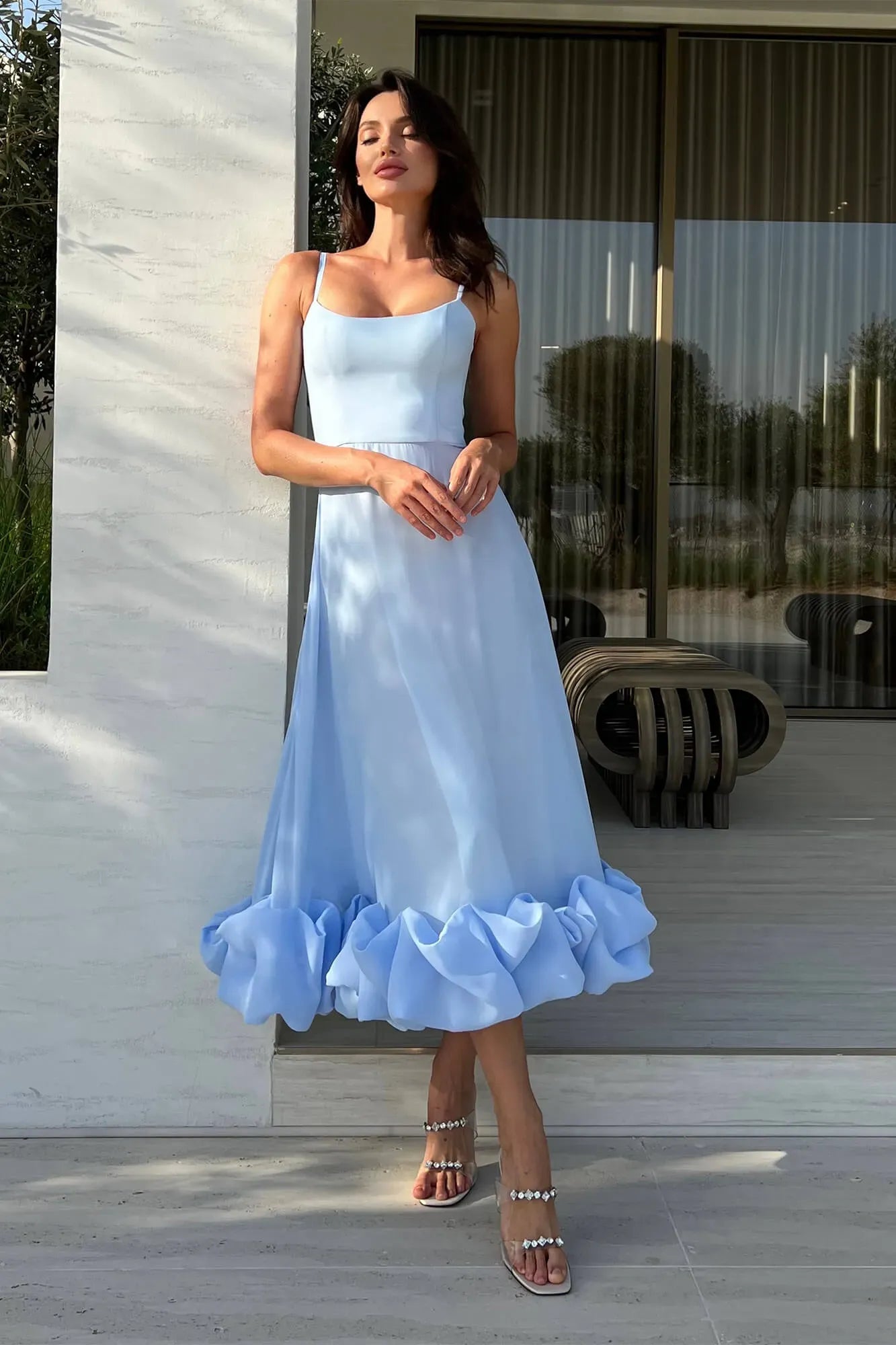 Playful Midi Straight-Neck Spaghetti-Strap Ruffled-Hem Wedding Guest Dress
