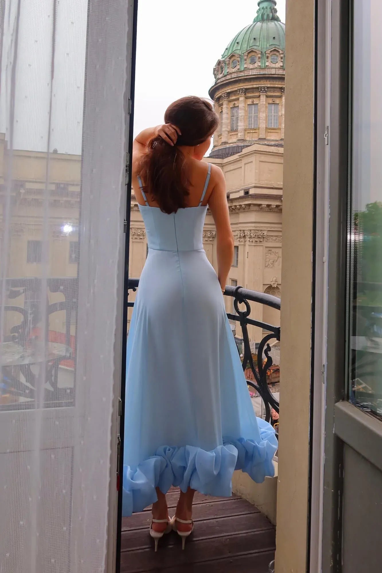 Playful Midi Straight-Neck Spaghetti-Strap Ruffled-Hem Wedding Guest Dress